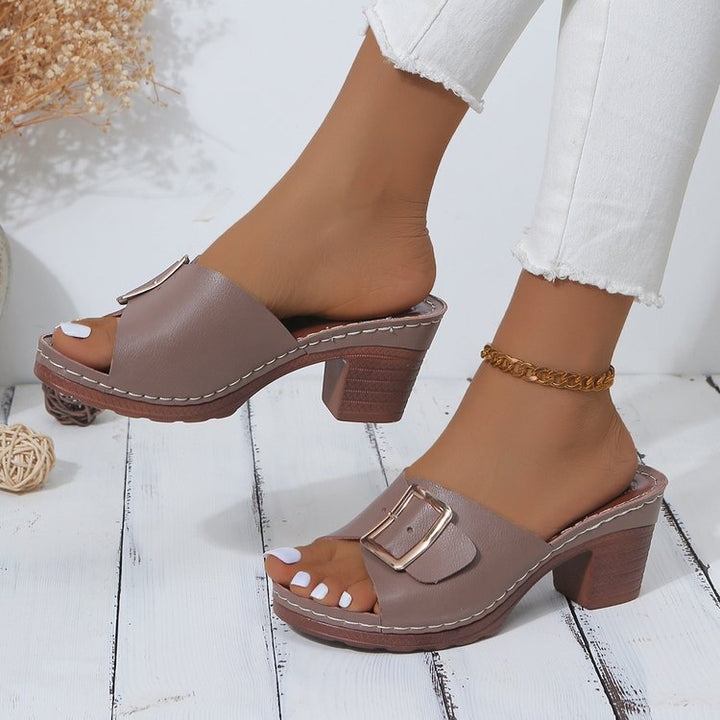 Damen Offene Slip-On Mules mit mittelhohem Blockabsatz und großer Zierschnalle Drune