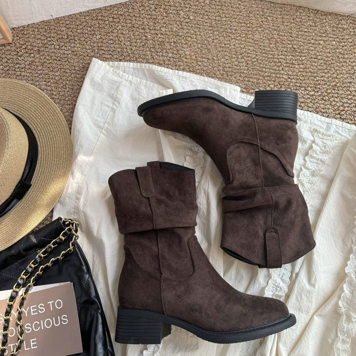 Damen Slouch-Stiefel aus Veloursleder mit gerafftem Schaft Drune