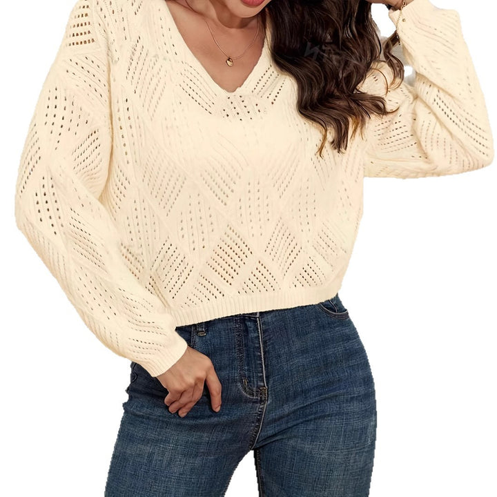 Damen V-Ausschnitt Grobstrickpullover mit filigranem Lochmuster Drune