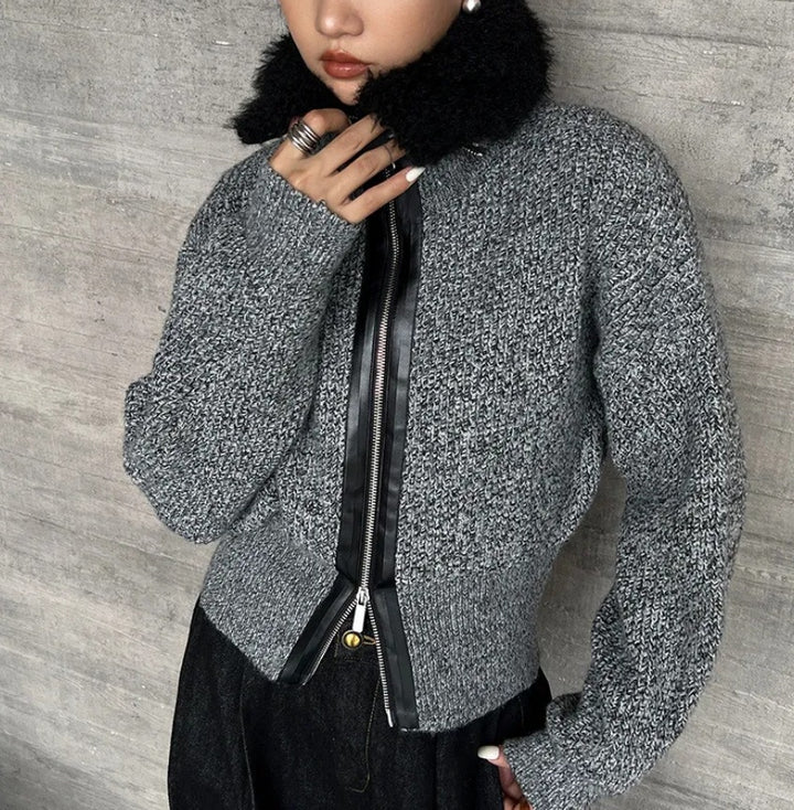 Damen Strickjacke mit kontrastierendem Kragen und seitlichem Reißverschluss Drune