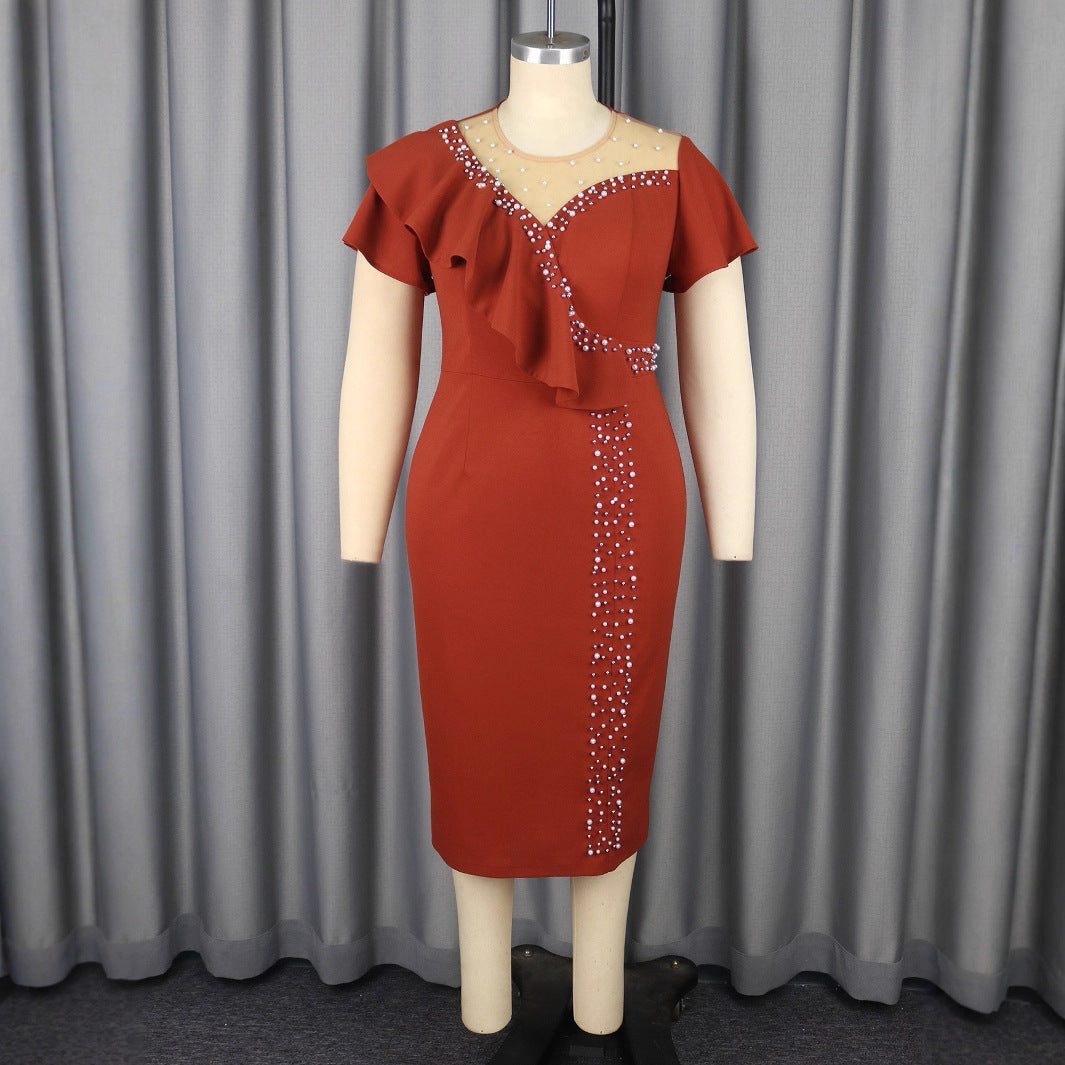 Damen elegantes figurbetontes Kleid mit Rüschendesign und funkelnden Perlen Drune