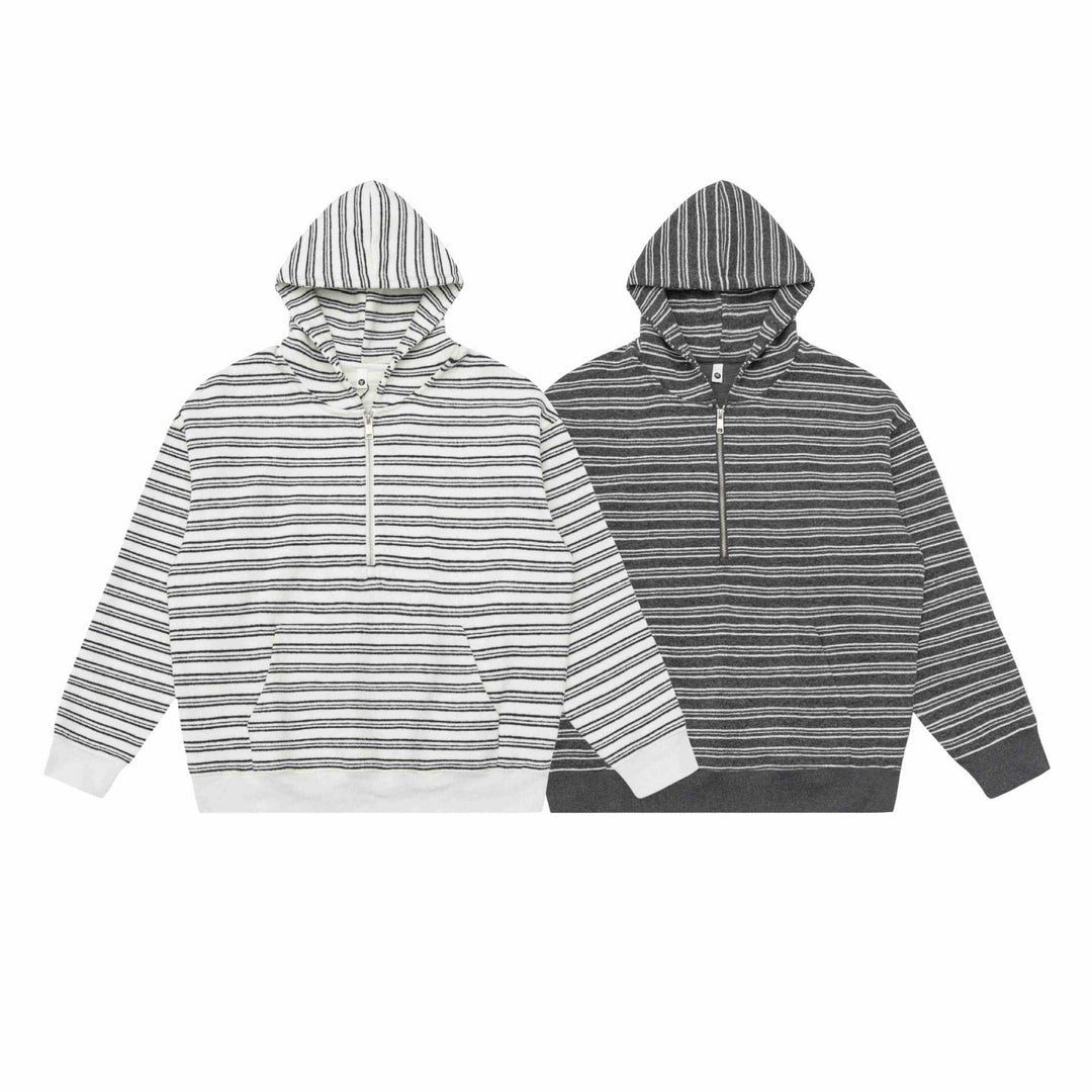 Unisex Gestreiftes Kapuzensweatshirt mit halbem Reißverschluss und Kängurutasche Drune