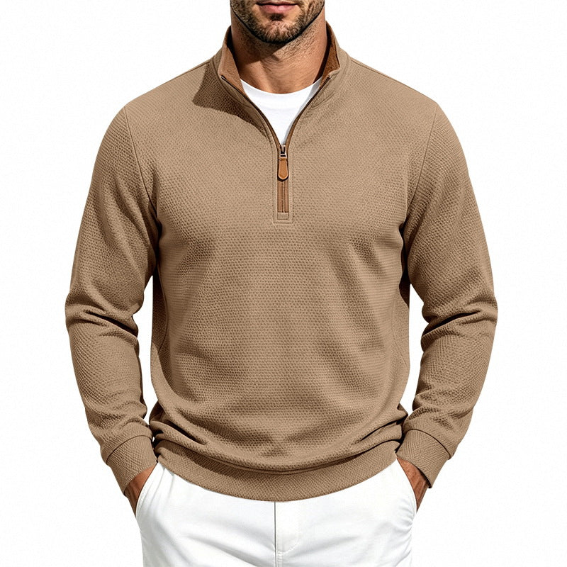 Herren Waffelstruktur-Halbzip-Sweatshirt mit Stehkragen, Kontrastfutter und Lederzipper Drune