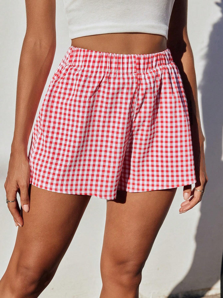 Damen luftige Karoshorts mit elastischem Bund und seitlichen Taschen Drune