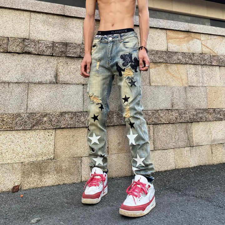 Herren Modische Destroyed Jeans mit Sternenapplikationen Drune