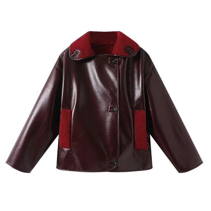 Damen nan kastige Kunstlederjacke mit Teddykragen und Taschenbesätzen Drune