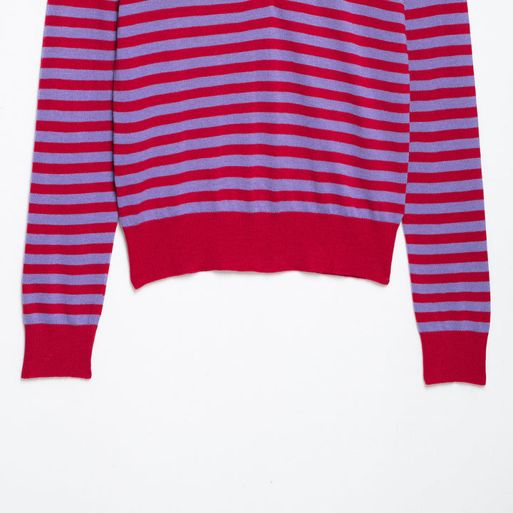 Damen Gestreifter Cropped-Polo-Cardigan aus Feinstrick mit Knopfleiste Drune