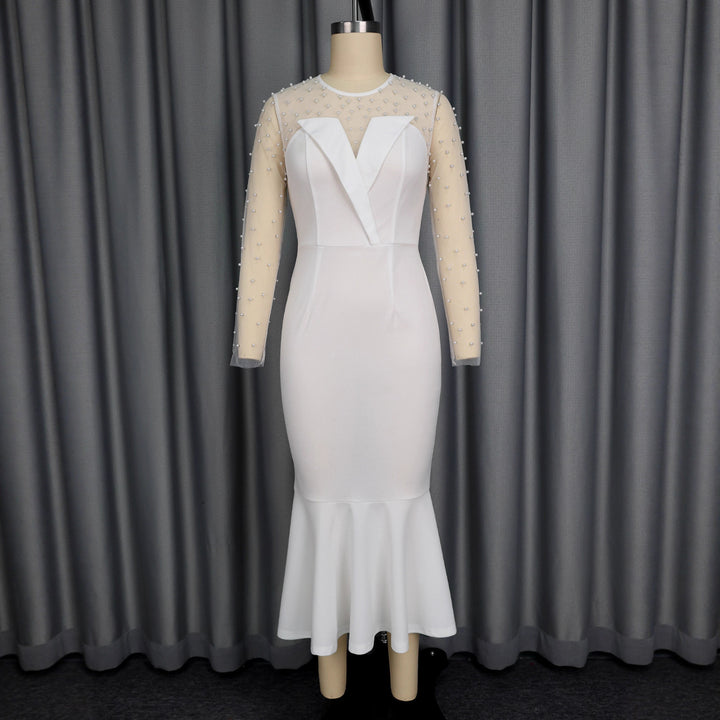 Damen Elegantes Hochzeitskleid mit transparenten Puffärmeln und Taillengürtel Drune