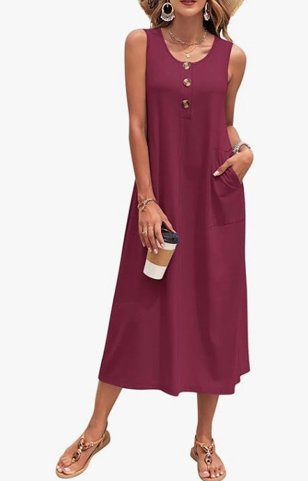 Damen Lässiges Midikleid mit Taschen und Knopfdetails Drune