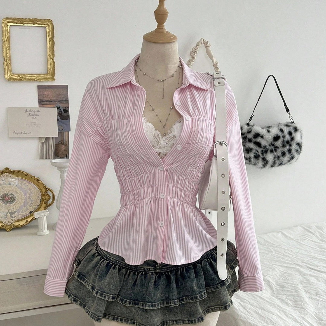 Damen nan taillierte Hemdbluse mit geraffter Brustpartie und Schößchen Drune