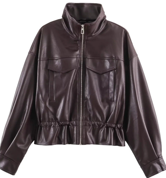 Damen Cropped Kunstleder‑Blouson mit Stehkragen, Pattentaschen und Tunnelzugtaillierung Drune