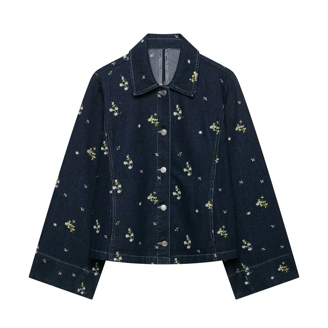 Damen Jeansjacke mit floraler Stickerei und kastiger Silhouette Drune