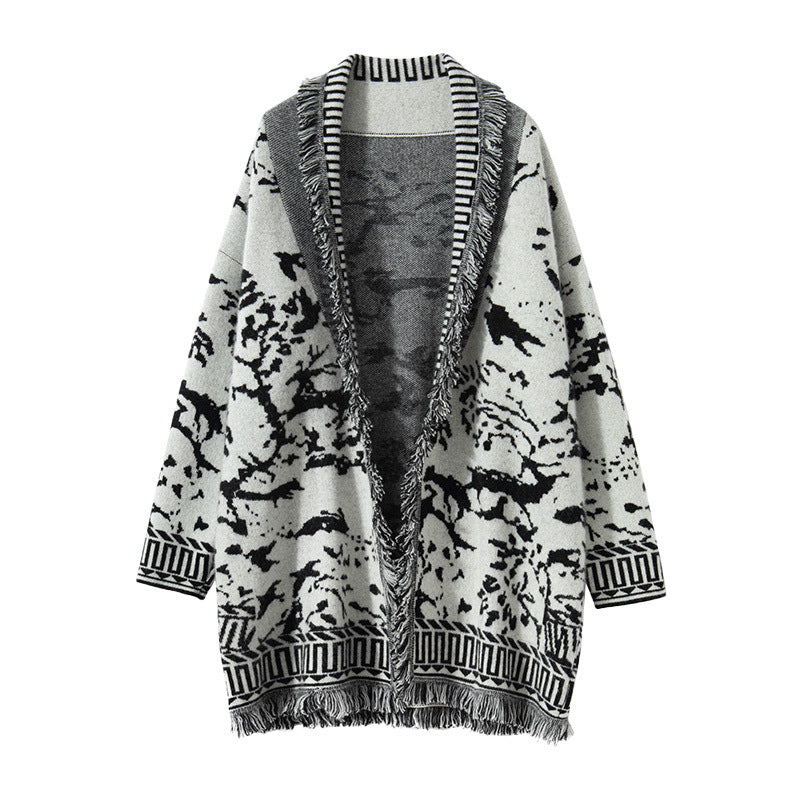Damen Komfortable Strickjacke mit grafischem Muster und Fransendetails Drune