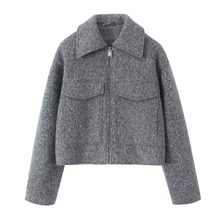 Damen nan kurzgeschnittene kastige Wollmix Jacke mit Reißverschluss Hemdkragen und aufgesetzten Pattentaschen Drune