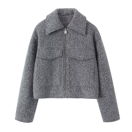 Damen nan kurzgeschnittene kastige Wollmix Jacke mit Reißverschluss Hemdkragen und aufgesetzten Pattentaschen Drune