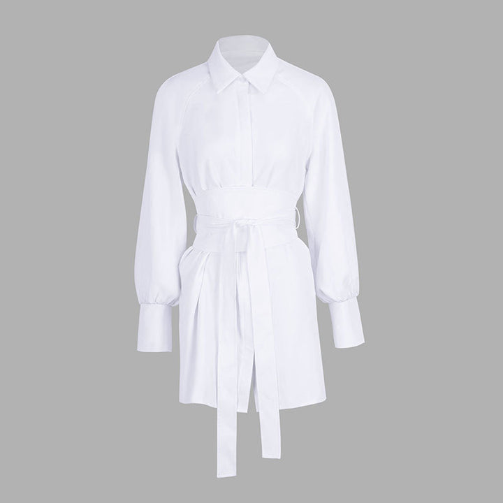 Damen Hemdblusenkleid mit tailliertem Gürtel und eleganten Puffärmeln Drune