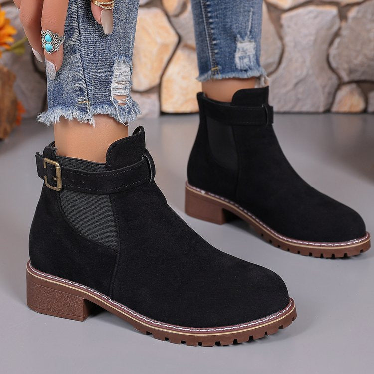 Damen Wildleder-Optik Chelsea-Stiefelette mit dekorativem Schnallenriemen, elastischem Einsatz und grober Profilsohle Drune