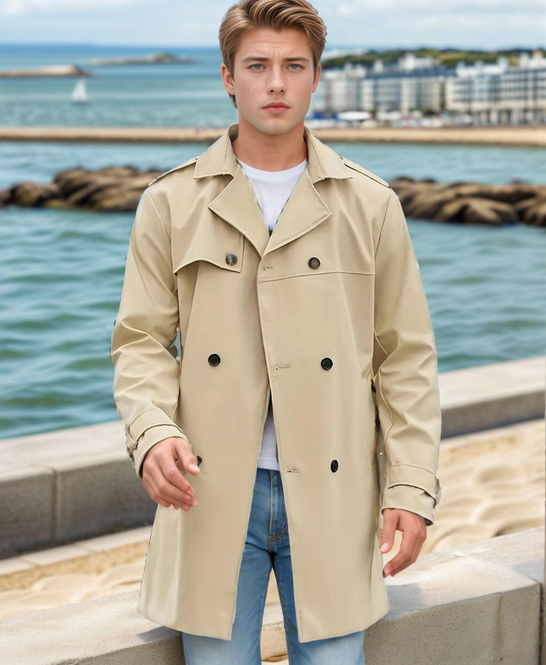 Herren nan urbaner Regenmantel im Trench-Stil mit doppellagiger Sturmklappe und verstellbaren Manschetten Drune