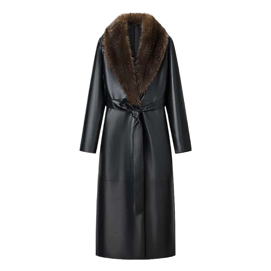 Damen Langer Ledermantel mit abnehmbarem Fellkragen und minimalistischer Silhouette Drune