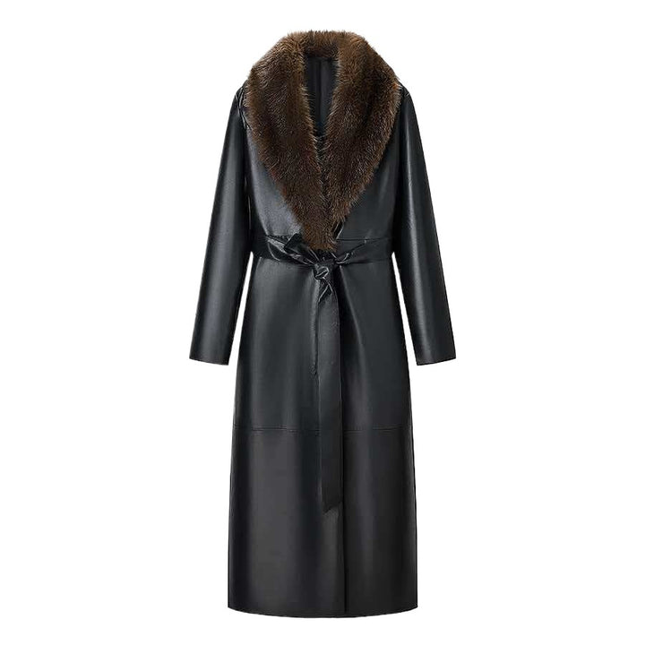 Damen Langer Ledermantel mit abnehmbarem Fellkragen und minimalistischer Silhouette Drune