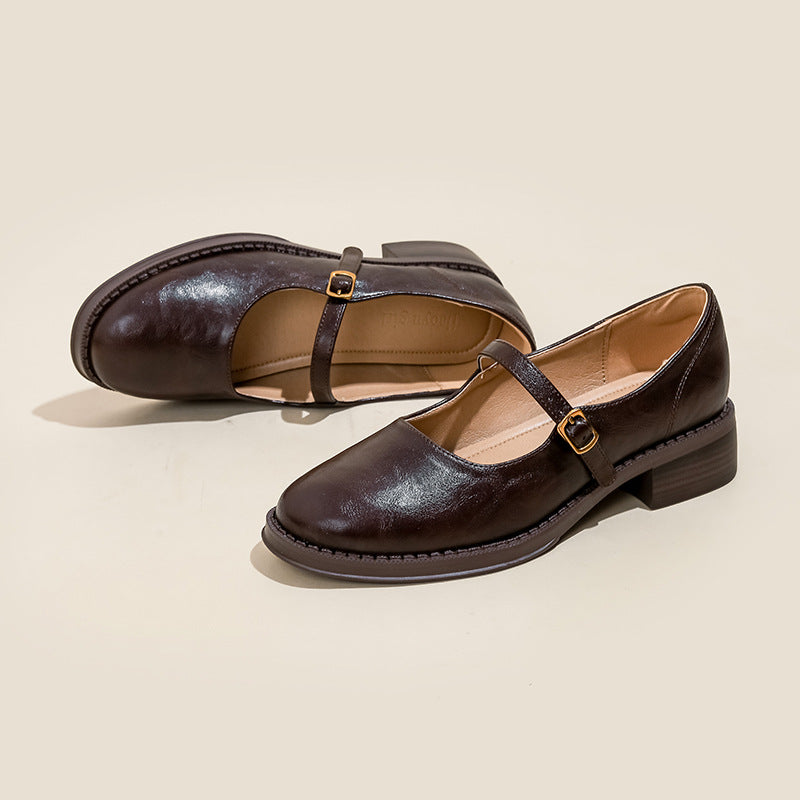 Damen Klassische Leder Mary Jane Ballerinas mit Verstellbarem Schnalle Drune