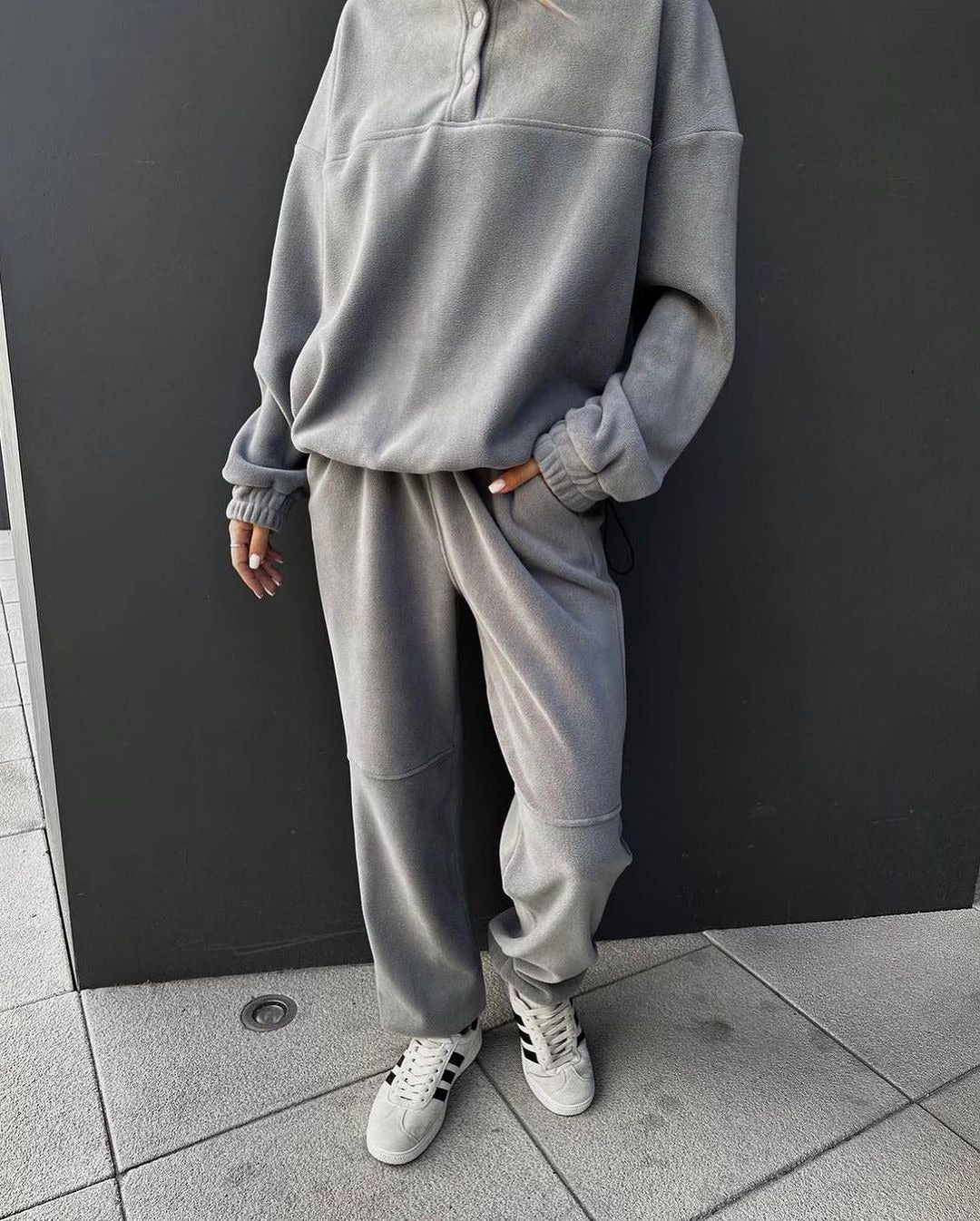 Damen Oversize-Fleece-Set mit Henley-Kragen und weicher Jogginghose Drune