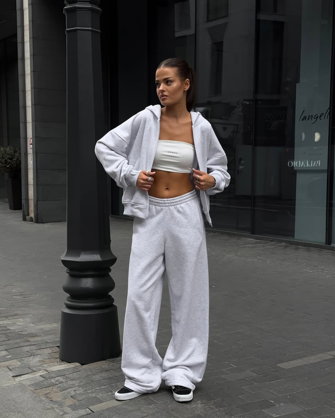 Damen extraweites Relaxed-Fleece-Set mit überlanger Kapuzenzipjacke und fließender Hose mit hohem Bund Drune