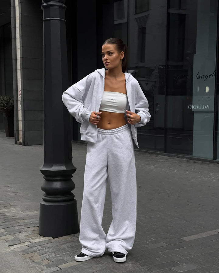 Damen extraweites Relaxed-Fleece-Set mit überlanger Kapuzenzipjacke und fließender Hose mit hohem Bund Drune