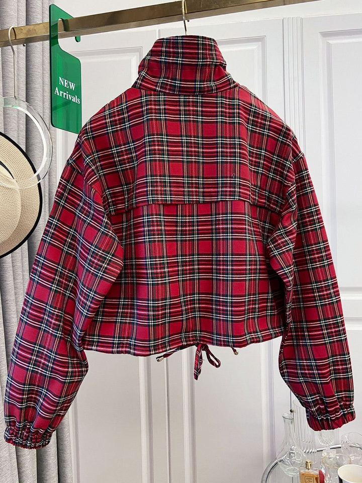 Damen Karo-Cropped-Jacke mit Stehkragen, Tunnelzug und elastischen Bündchen Drune