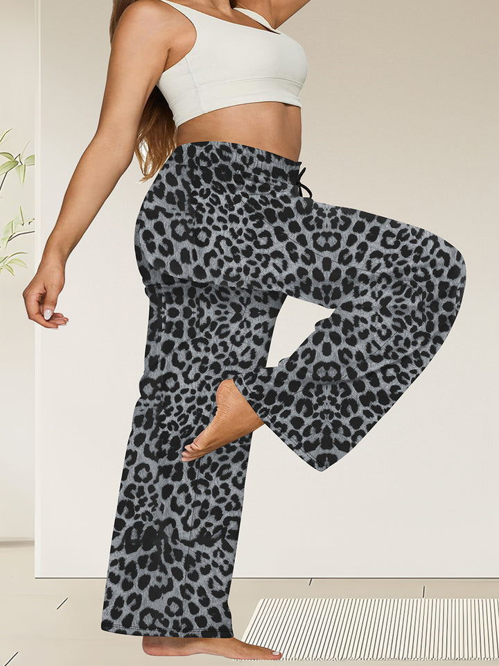 Damen Weite High-Waist Yogahose mit Leopardenmuster und Kordelzug Drune
