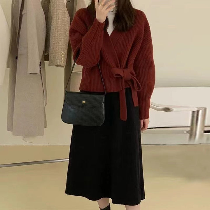 Damen Wickeljacke mit breiten Ärmeln und Taillenknoten Drune