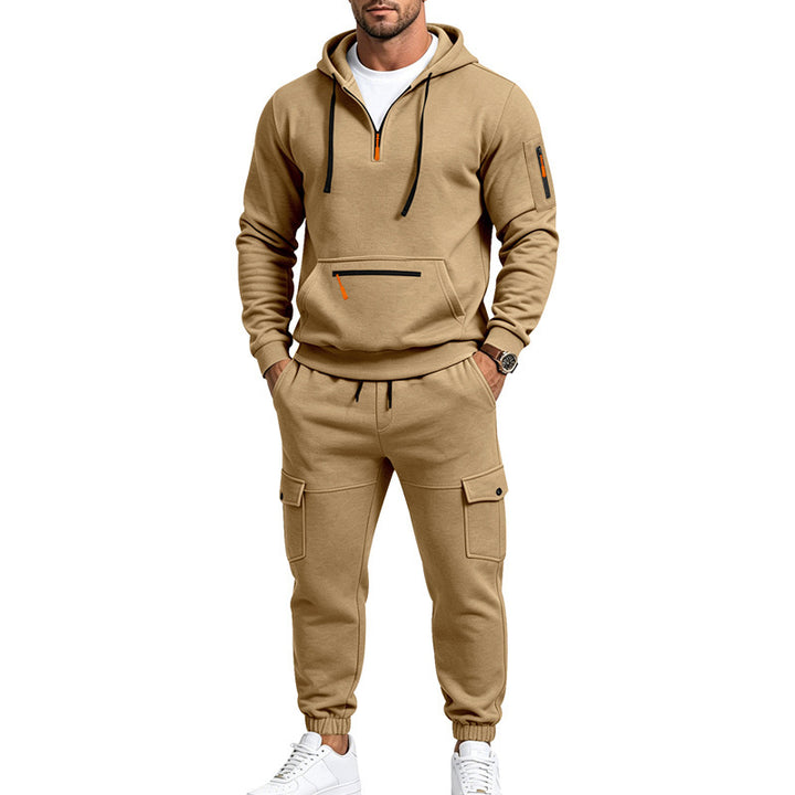 Herren Zweiteiliges Fleece-Loungewear-Set mit Halbzip-Kapuze und Cargo-Jogger Drune
