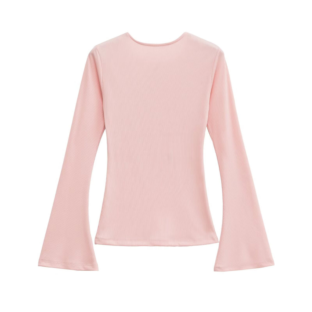 Damen Figurbetontes Rippshirt mit Carmenausschnitt und ausgestellten Schlagärmeln Drune