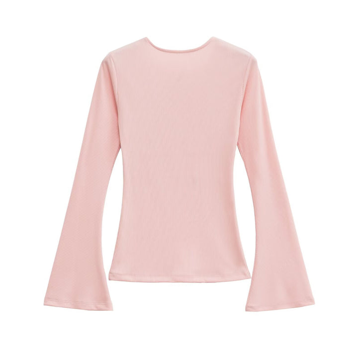 Damen Figurbetontes Rippshirt mit Carmenausschnitt und ausgestellten Schlagärmeln Drune