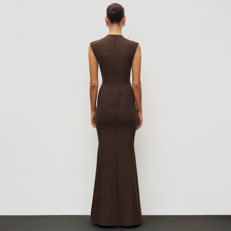 Damen Elegantes Schmalgeschossenes Maxikleid mit hohem Kragen Drune