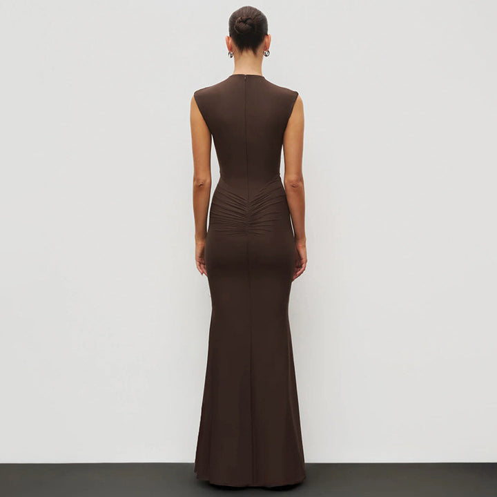 Damen Elegantes Schmalgeschossenes Maxikleid mit hohem Kragen Drune