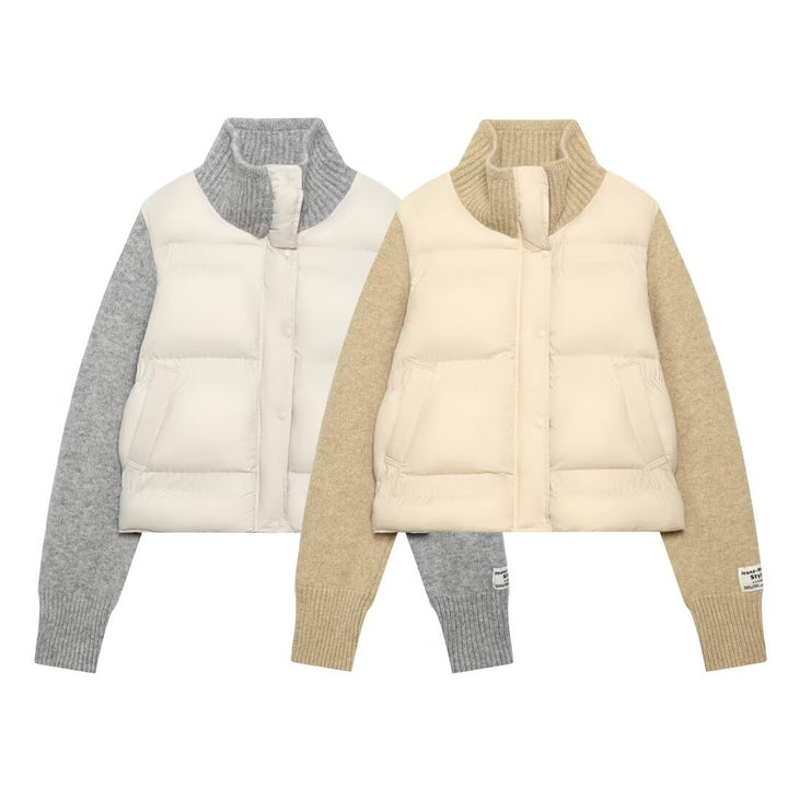 Damen Gepolsterte Cropped Hybrid-Jacke mit Strickärmeln und Stehkragen Drune