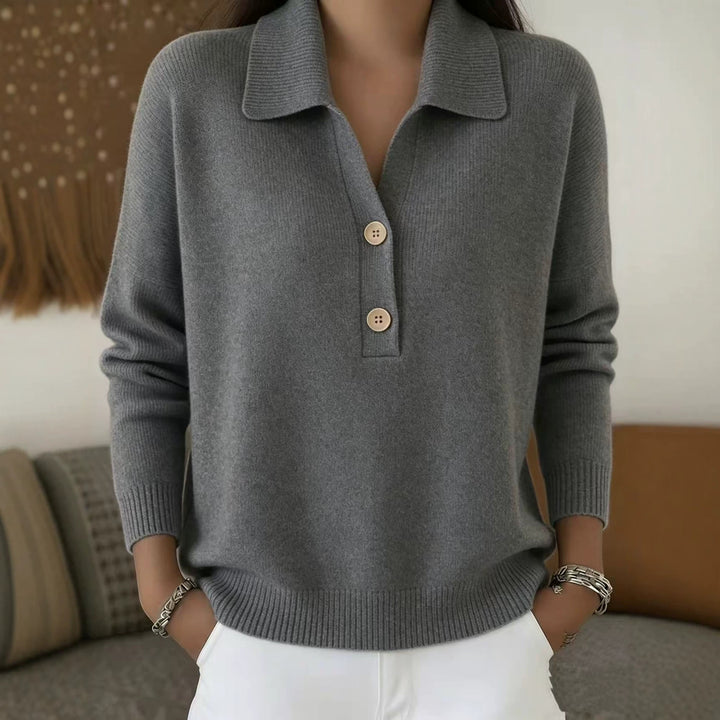 Damen lässiger Feinstrickpullover mit Polokragen und Zwei-Knopf-Leiste Drune