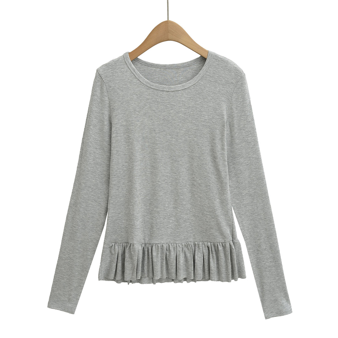 Damen Longsleeve Top mit Rüschensaum und Rundhalsausschnitt Drune