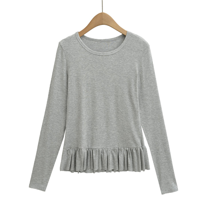 Damen Longsleeve Top mit Rüschensaum und Rundhalsausschnitt Drune