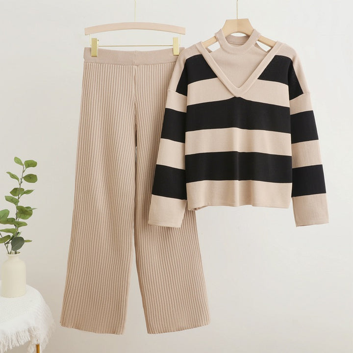Damen modisches Strickensemble mit V-Ausschnitt und breiten Streifen Drune