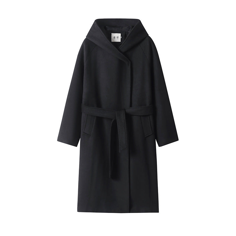 Damen Maxi-Mantel mit überzogener Kapuze, Bindegürtel und minimalistischer Wollmix‑Silhouette Drune