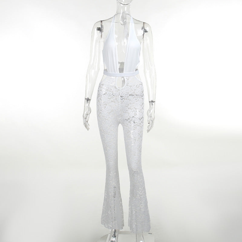 Damen eleganter Spitzen-Jumpsuit mit tiefem V-Ausschnitt und Glockenhosen Drune