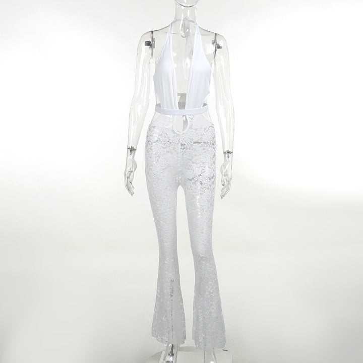 Damen eleganter Spitzen-Jumpsuit mit tiefem V-Ausschnitt und Glockenhosen Drune