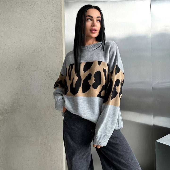 Damen Oversized Strickpullover mit Leoparden-Bahnen, überschnittener Schulter und geripptem Saum Drune