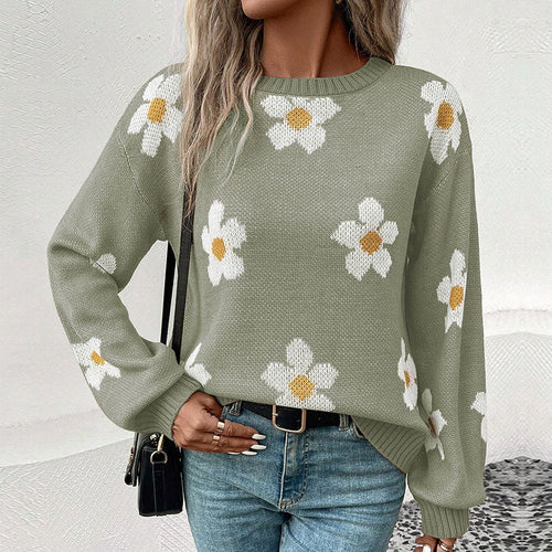 Damen Gemusterter Strickpullover mit Blumenmotiv Drune