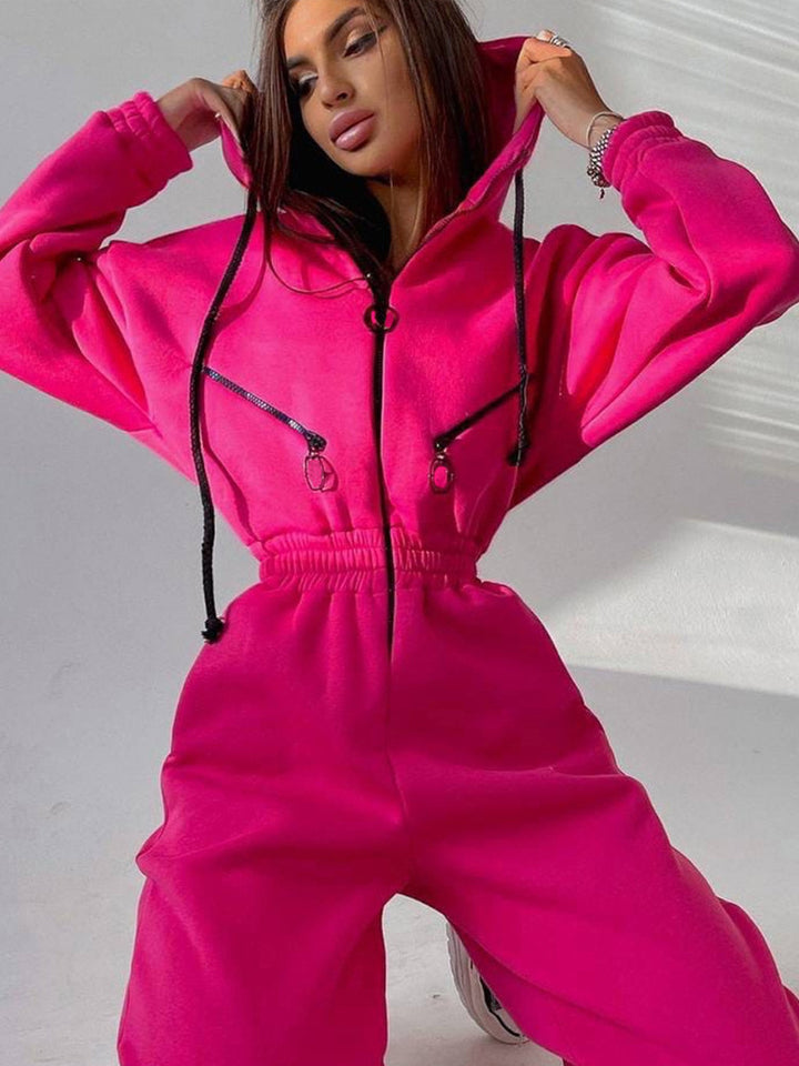 Damen Taillierter Kapuzen-Sweat-Jumpsuit mit Reißverschluss und elastischem Taillenbund Drune