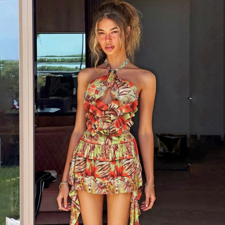 Damen Rüschenkleid mit floralen Motiven und verstellbarem Träger Drune
