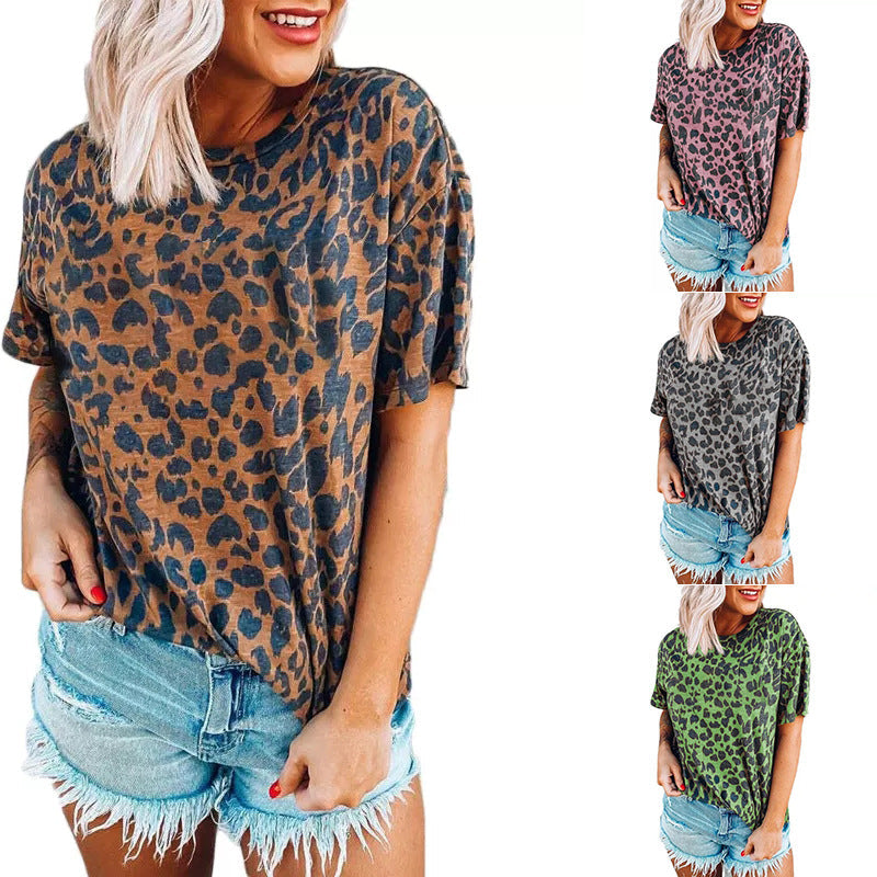 Damen lässiges Leoprint T-Shirt mit weichem Stoff und lockerer Passform Drune