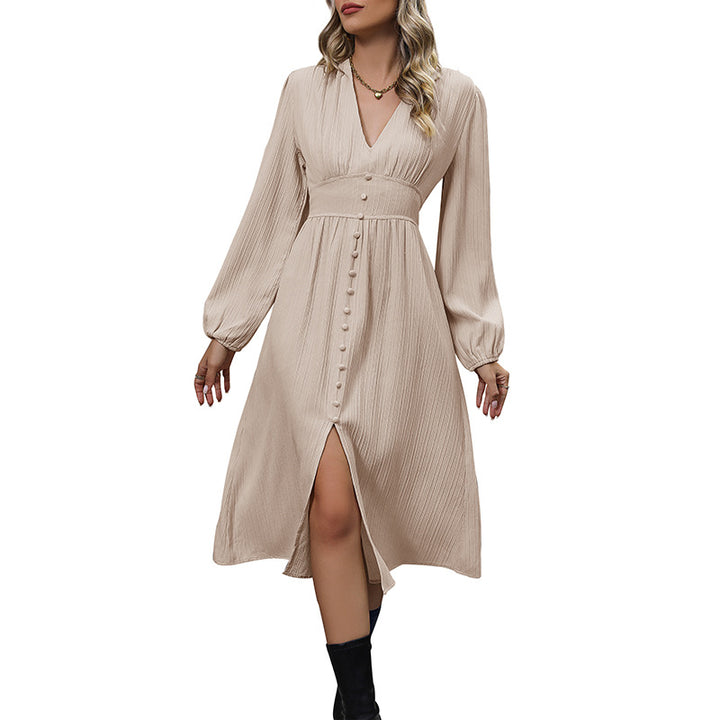 Damen Midikleid mit V-Ausschnitt, plissierter Crinkle-Optik, taillierter Passe & mittiger Knopfleiste Drune